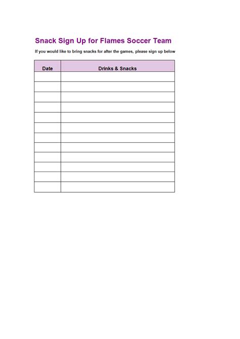Snack Sign Up Sheet Template