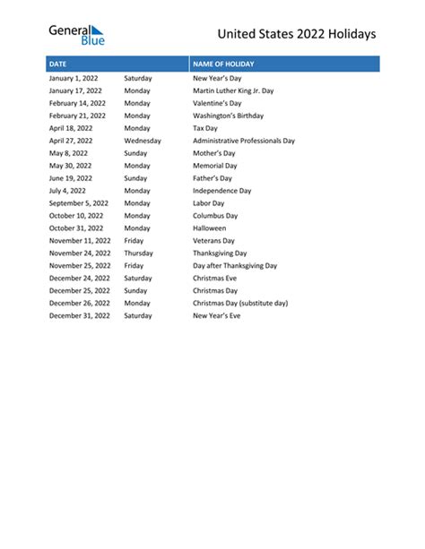 United States Holidays 2022 In Pdf Word And Excel