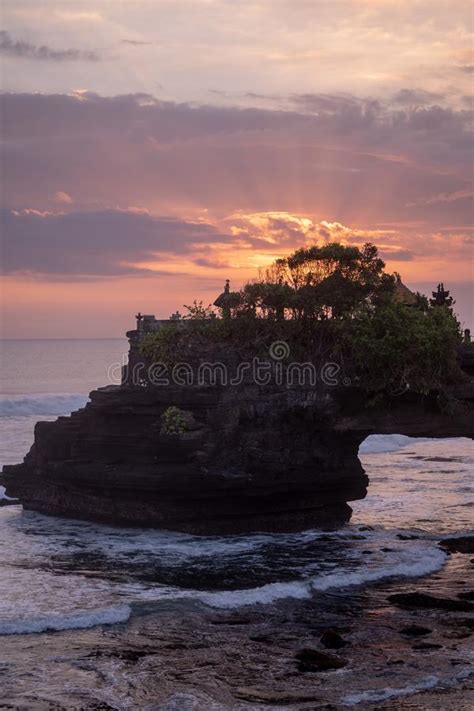 Sunset At Pura Batu Bolong Temple On The Beatiful Rock In Bali Stock