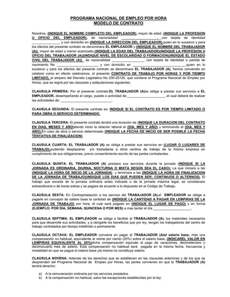 Modelo De Contrato De Trabajo Secretaría De Trabajo Y Seguridad