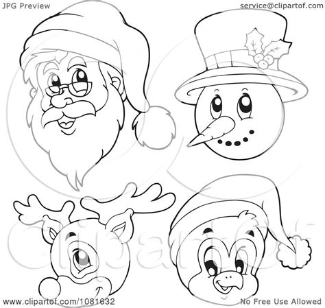 29418 santa clipart black and white. Clipart Outlined Santa Snowman Reindeer And Penguin Faces ...