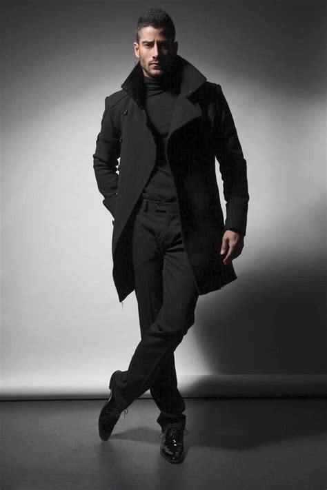 All Black Urban Style Overcoat Turtleneck Jeans And