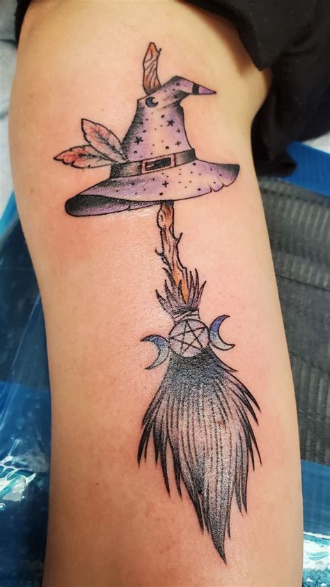 witch broomstick and hat tattoo wiccan tattoos wicca tattoo pagan tattoo