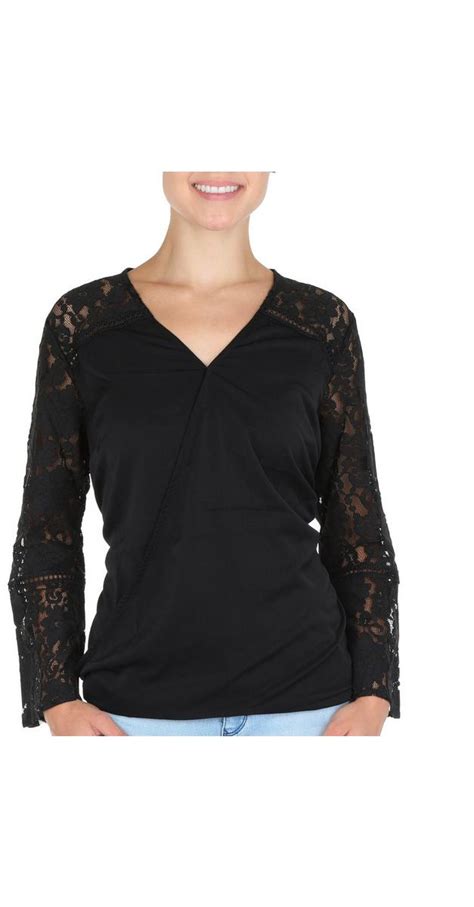 Womens Solid Wrap Front Lace Sleeve Top Black Burkes Outlet