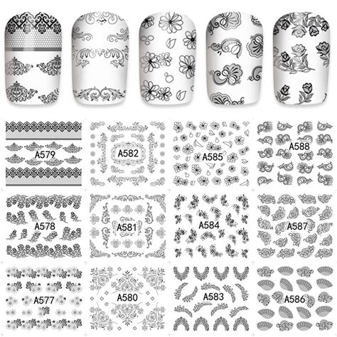 12 sheets water decal nail art nail sticker slider tattoo full cover black lace design a577 588