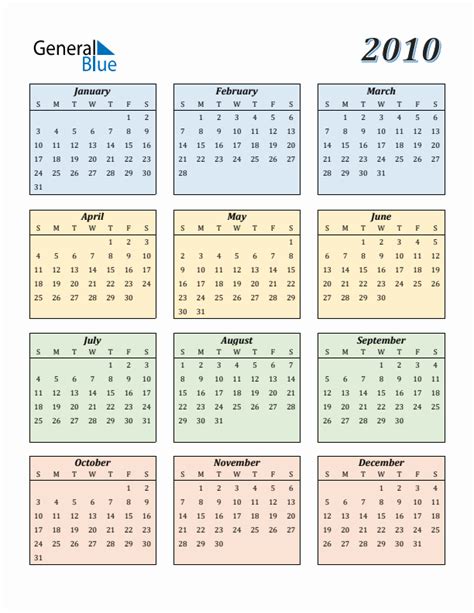 Calendar For Year 2010