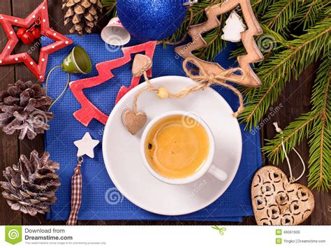 Coffee Cup And Christmas Decorations Top View Stock Photo Image Of