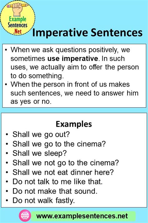 A type of sentence that gives advice or instructions or that expresses a request or command. 8 Imperative Sentences and Definition - Example Sentences ...