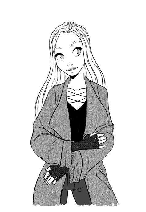 A Drawing Of A Girl With Long White Hair And Black Gloves On Her Hands
