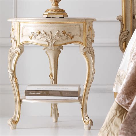 White oak and gold metal bedside table. Ornate Ivory and Gold Italian Small Round Bedside Table