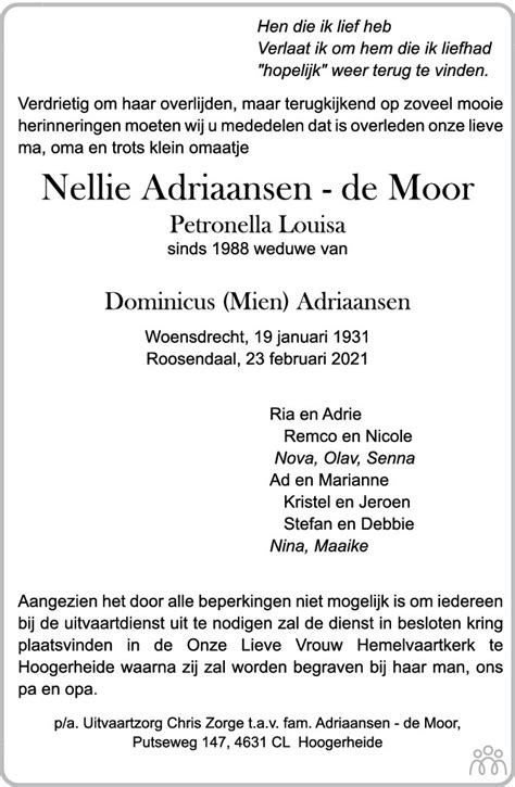 Nellie Petronella Louisa Adriaansen De Moor 23 02 2021