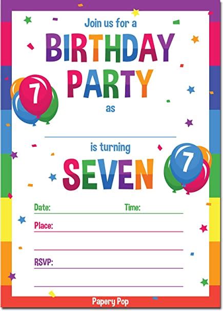 Papery Pop 7th Birthday Party Invitations With Envelopes