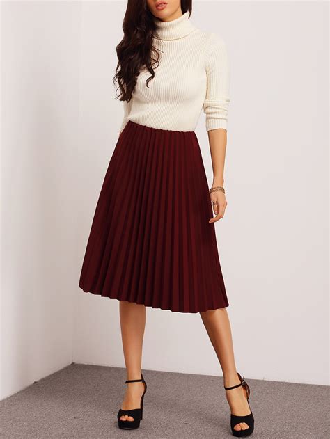 Burgundy Pleated Midi Skirt Shein