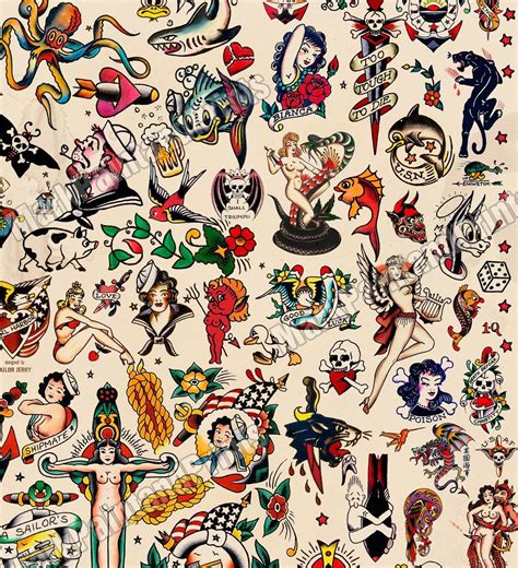 Sailor Jerry Tattoo Designs Flash Wall Art Print Done On Hahnemuhle