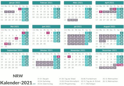 Die kalenderwochen 2021 entsprechen der in europa üblichen berechnungsweise für kalenderwochen (iso 8601). FERIEN Nordrhein-Westfalen 2021 - Ferienkalender & Übersicht