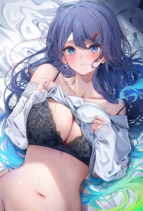 Blue Hair Blue Eyes Cleavage Big Boobs Lying On Back Anime Girls