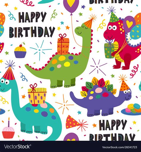 Seamless Pattern With Dinosaurs Happy Birthday Vector Image