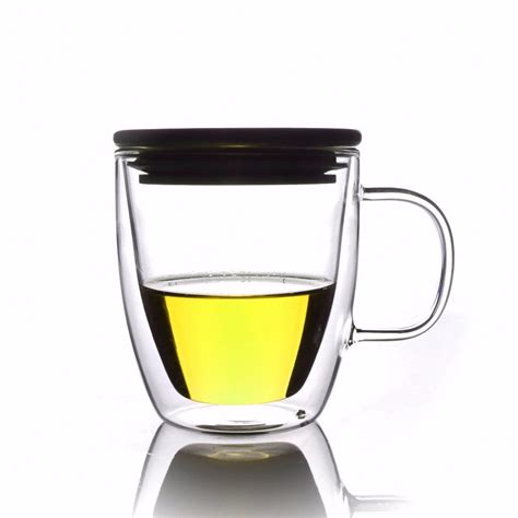 1x350ml Double Wall Heat Resistant Clear Glass Tea Coffee Mug W Bamboo