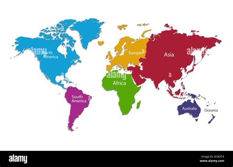 World Continents Map Separate Individual Continent With Names Color