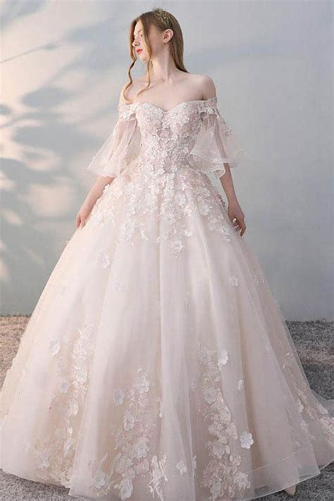 Tulle Lace Applique Ball Gown Wedding Dress Angrila