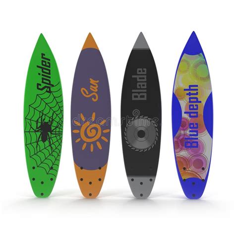 Set Of Different Color Surf Boards On White 3d Illustration Stock