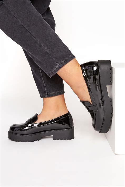 Plus Size Black Patent Chunky Loafers In Wide E Fit And Extra Wide Eee
