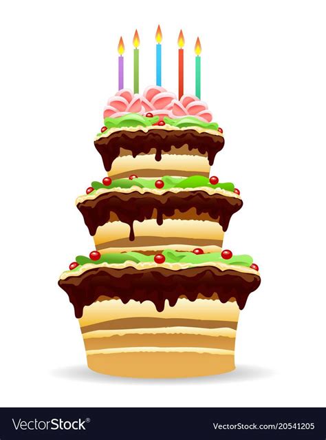 Birthday Cake With Burning Candles Drawn In Cartoon Style Vector