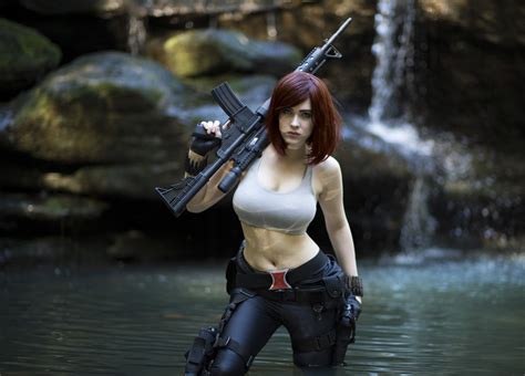 Wallpaper Gun Women Redhead Cosplay Model Water Standing Crop Top Black Widow