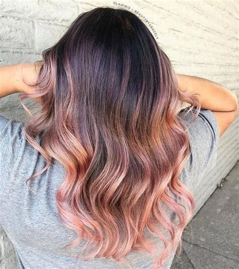 brunette with rose gold ombre curled tips haircolorbalayage hair color rose gold rose gold