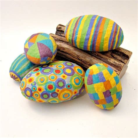 Paper Mache Stones Set Of Five Colorful Decorative Etsy Painted