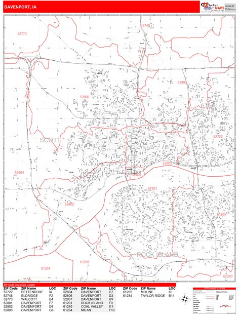 Davenport Iowa Zip Code Wall Map Red Line Style By Marketmaps
