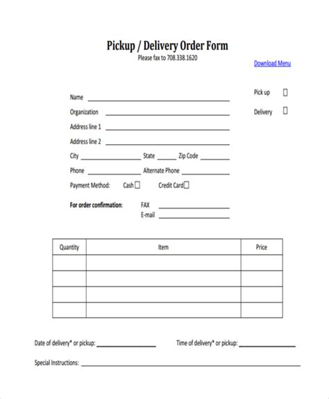 Pick Up Form Template