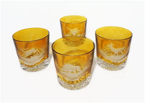 Set Amber Crystal Whisky Square Decanter And 4 Glasses Etched Game From Aa On Ruby Lane