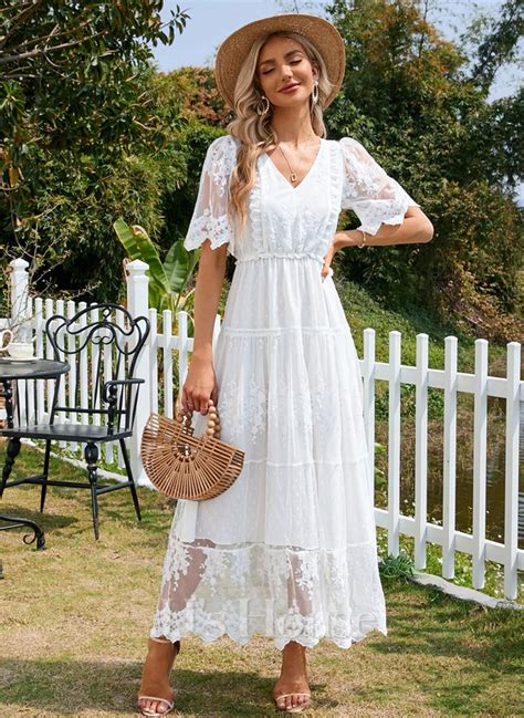 Jacquard V Neck Vacation A Line Lace Maxi Dresses Lace