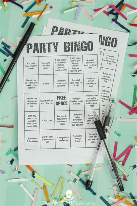 A Party Bingo Game Surrounded By Confetti And Streamers On A Mint Green