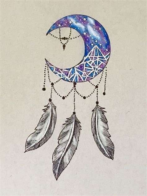 Watercolor Crescent Moon Blue Purple Dream Catcher Tattoo On Thigh