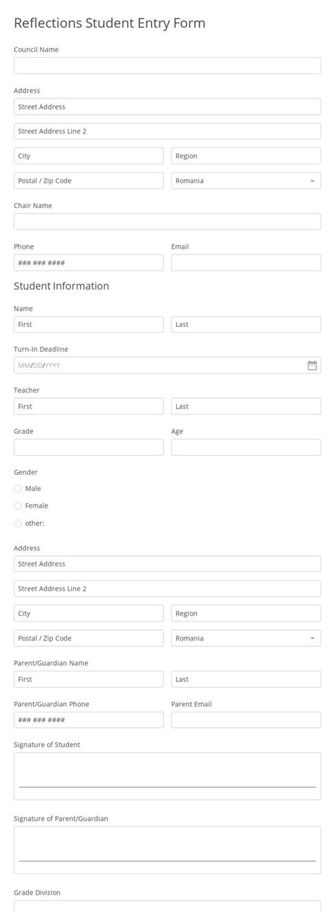 Reflections Student Entry Form Template 123formbuilder