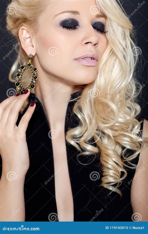 Blond Beautiful Girl In Black Dress Stock Image Image Of Health Hair