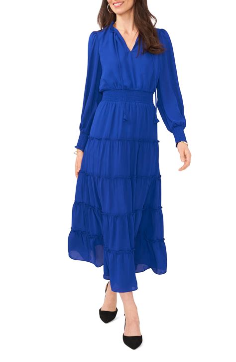 Vince Camuto Smocked Waist Tier Long Sleeve Maxi Dress In Blue Lyst