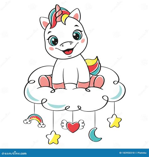 Happy Baby Unicorn Sitting On Cloud Stock Vector Illustration Of Star