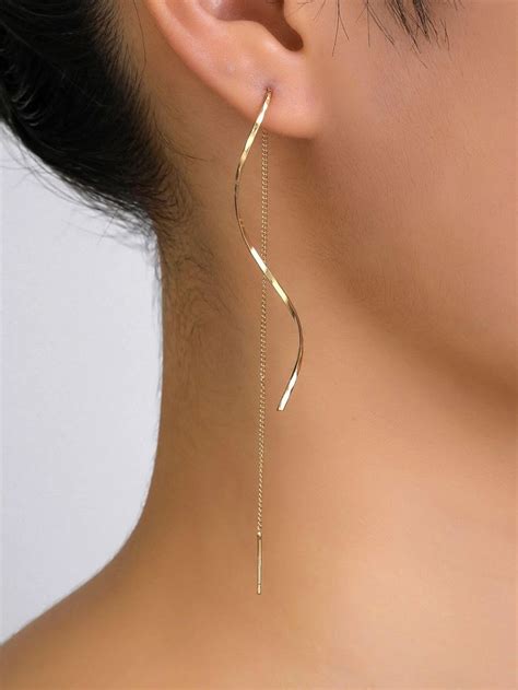 1pair Long Tassel Threader Earrings Wave Shaped Simple Long Chain Earrings Elegant Earrings For