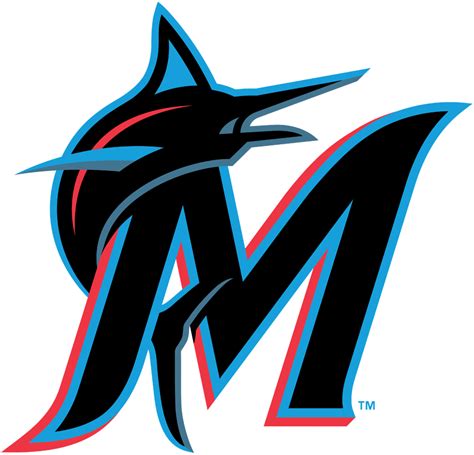 Miami Marlins Alternate Logo 2019 Pres Marlin In Blue Red And Black Leaping In Front Of A