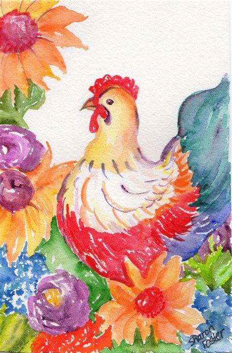 Chicken Watercolors Paintings Original Hen Painting Chicken Art 5 X
