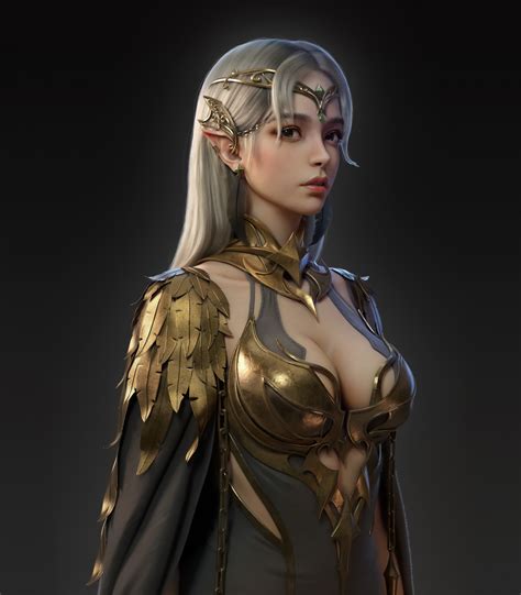 Wallpaper Yi Jiang Cgi Women Elves Silver Hair Tiaras Makeup Gold Armor Simple