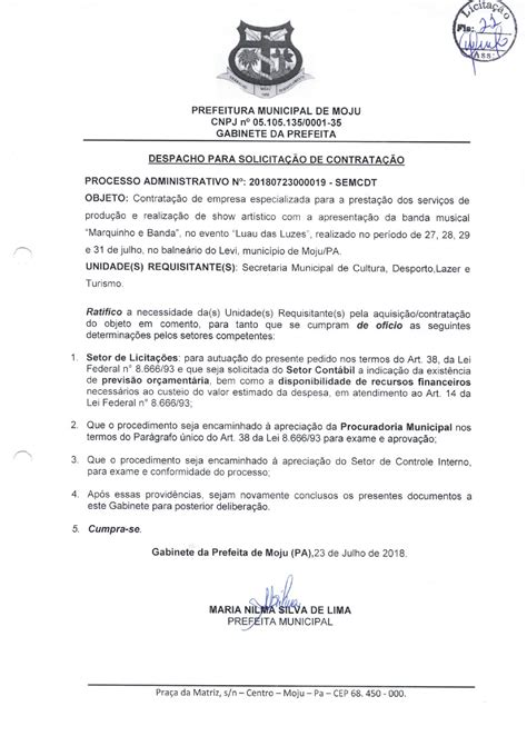 Despacho Para Solicitação De Contratação Prefeitura Municipal De Moju Pa