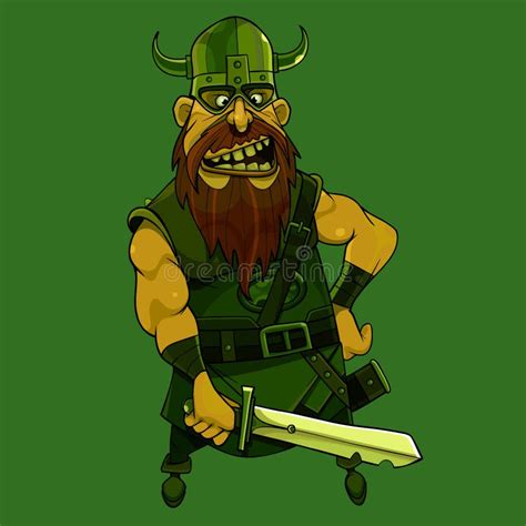 Cartoon Medieval Bearded Viking Warrior In Horned Helmet With Sword In