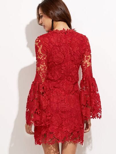 Red Embroidered Lace Overlay Bell Sleeve Dress Sheinsheinside