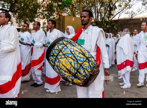 Ethiopian Orthodox Christians Dressed In Traditional White Celebrate