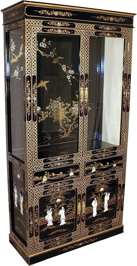 Oriental Chinese Furniture Black Lacquer Display Cabinet With Mother Of Pearl Inlay