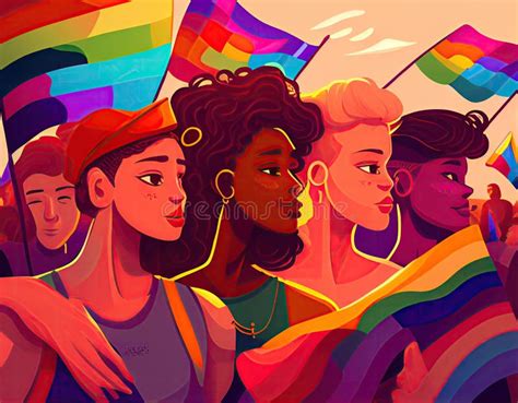 Group Of Lesbian Women Side Face Mid Shot On Pride Month Parade Lgbt People Stock Illustration